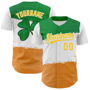 Custom Green Yellow-Texas Orange 3D St. Patrick's Day Shamrock Authentic Baseball Jersey