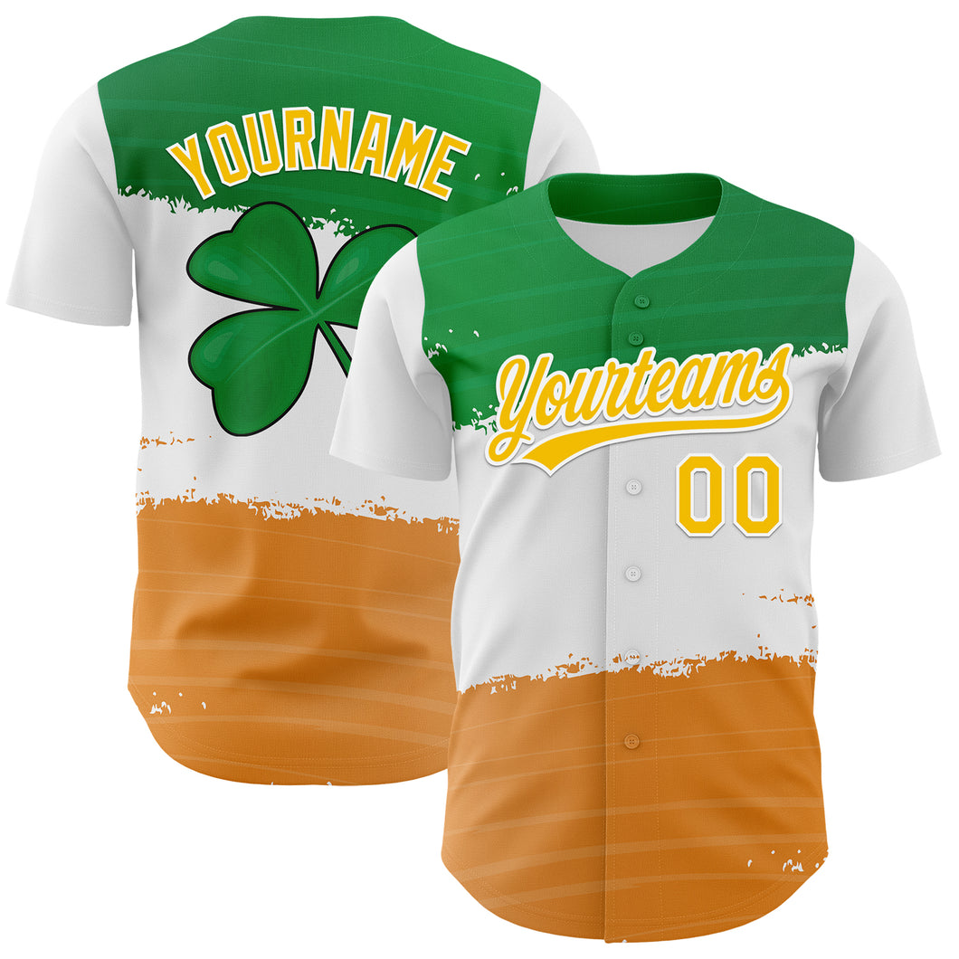 Custom Green Yellow-Texas Orange 3D St. Patrick's Day Shamrock Authentic Baseball Jersey