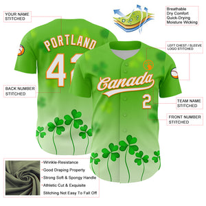 Custom Green White-Bay Orange 3D St. Patrick's Day Shamrock Authentic Baseball Jersey