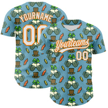 Load image into Gallery viewer, Custom Shadow Blue White-Bay Orange 3D St. Patrick&#39;s Day Shamrock Beer Authentic Baseball Jersey
