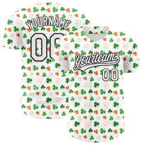 Custom White Black Green-Bay Orange 3D St. Patrick's Day Shamrock Authentic Baseball Jersey