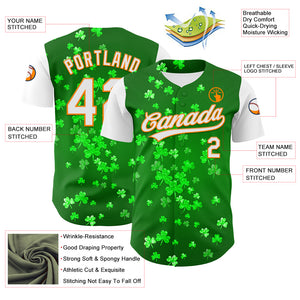 Custom Green White-Bay Orange 3D St. Patrick's Day Shamrock Authentic Baseball Jersey