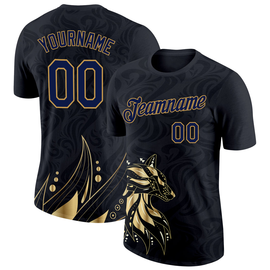 Custom Black Navy-Old Gold 3D Esports Performance T-Shirt