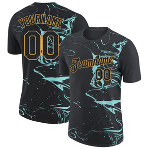 Custom Black Ice Blue-Old Gold 3D Esports Performance T-Shirt