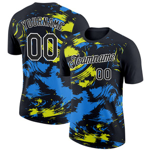 Custom Black Powder Blue-Neon Yellow 3D Esports Performance T-Shirt