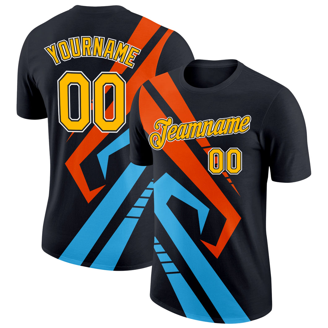 Custom Black Gold Sky Blue-Orange 3D Esports Performance T-Shirt