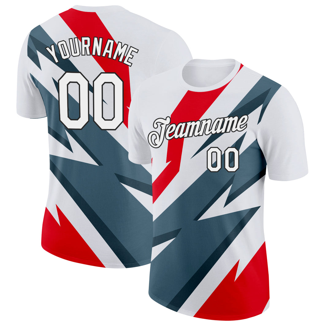 Custom White Fire Red Shadow Blue-Black 3D Esports Performance T-Shirt