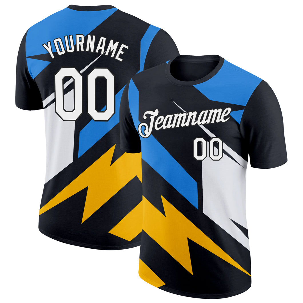 Custom Black Powder Blue-Gold 3D Esports Performance T-Shirt