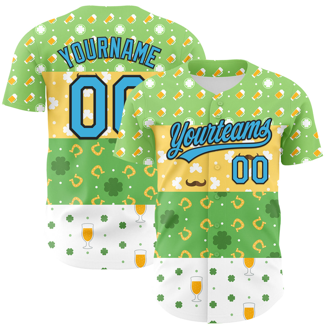 Custom Green Sky Blue Light Yellow-Black 3D St. Patrick's Day Shamrock Beer Authentic Baseball Jersey