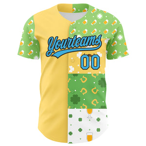 Custom Green Sky Blue Light Yellow-Black 3D St. Patrick's Day Shamrock Beer Authentic Baseball Jersey