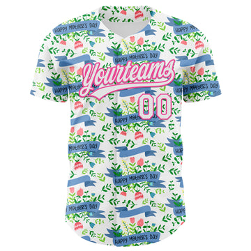 Custom White Pink 3D Pattern Design Mother's Day Flower Authentic Baseball Jersey