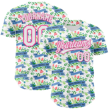 Custom White Pink 3D Pattern Design Mother's Day Flower Authentic Baseball Jersey