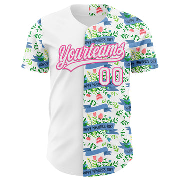 Custom White Pink 3D Pattern Design Mother's Day Flower Authentic Baseball Jersey