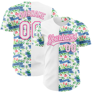 Custom White Pink 3D Pattern Design Mother's Day Flower Authentic Baseball Jersey