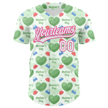 Custom Green White-Pink 3D Pattern Design Mother's Day Love Authentic Baseball Jersey