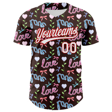 Custom Brown White-Red 3D Pattern Design Mother's Day Love Authentic Baseball Jersey