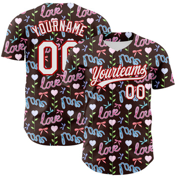 Custom Brown White-Red 3D Pattern Design Mother's Day Love Authentic Baseball Jersey