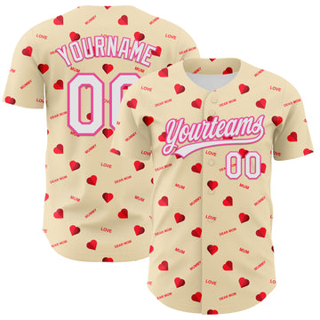 Custom Cream White-Pink 3D Pattern Design Mother's Day Love Authentic Baseball Jersey