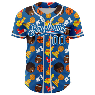 Custom Blue White Comic Doodle Ballgame 3D Pattern Design Authentic Baseball Jersey