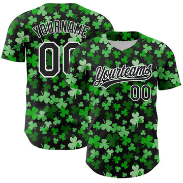 Custom Black White 3D St. Patrick's Day Shamrock Authentic Baseball Jersey