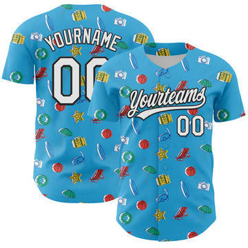 Custom Sky Blue White-Black 3D Hawaii Beach Holiday Authentic Baseball Jersey