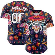 Load image into Gallery viewer, Custom Navy White-Black 3D Mexican Festival Flower Skull With Sombrero Cinco de Mayo Authentic Baseball Jersey
