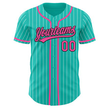 Load image into Gallery viewer, Custom Aqua White Pinstripe Pink-Black Authentic Baseball Jersey
