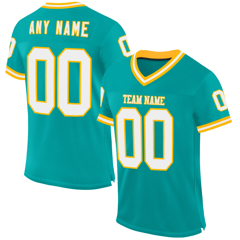 Custom Aqua White-Gold Mesh Authentic Throwback Football Jersey