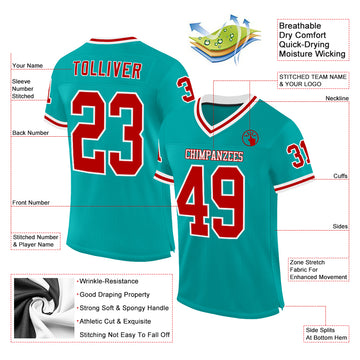 Custom Aqua Red-White Mesh Authentic Throwback Football Jersey