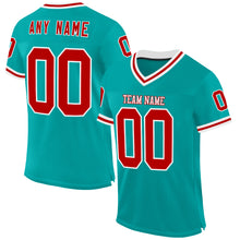 Загрузить изображение в средство просмотра галереи, Custom Aqua Red-White Mesh Authentic Throwback Football Jersey
