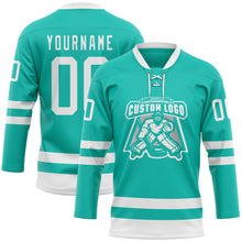 Laden Sie das Bild in den Galerie-Viewer, Custom Aqua White Hockey Lace Neck Jersey
