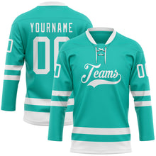 Laden Sie das Bild in den Galerie-Viewer, Custom Aqua White Hockey Lace Neck Jersey
