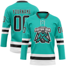 Загрузить изображение в средство просмотра галереи, Custom Aqua Black-White Hockey Lace Neck Jersey
