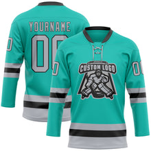 Загрузить изображение в средство просмотра галереи, Custom Aqua Gray-Black Hockey Lace Neck Jersey
