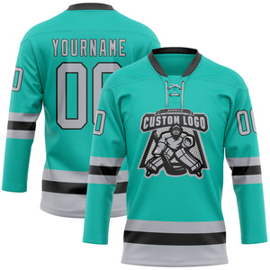 Custom Aqua Gray-Black Hockey Lace Neck Jersey