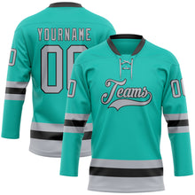 Загрузить изображение в средство просмотра галереи, Custom Aqua Gray-Black Hockey Lace Neck Jersey
