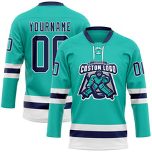 Загрузить изображение в средство просмотра галереи, Custom Aqua Navy-White Hockey Lace Neck Jersey
