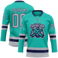 Загрузить изображение в средство просмотра галереи, Custom Aqua Gray-Navy Hockey Lace Neck Jersey
