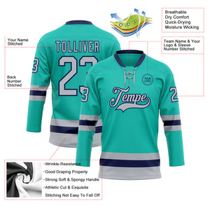 Custom Aqua Gray-Navy Hockey Lace Neck Jersey