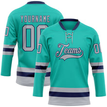 Загрузить изображение в средство просмотра галереи, Custom Aqua Gray-Navy Hockey Lace Neck Jersey
