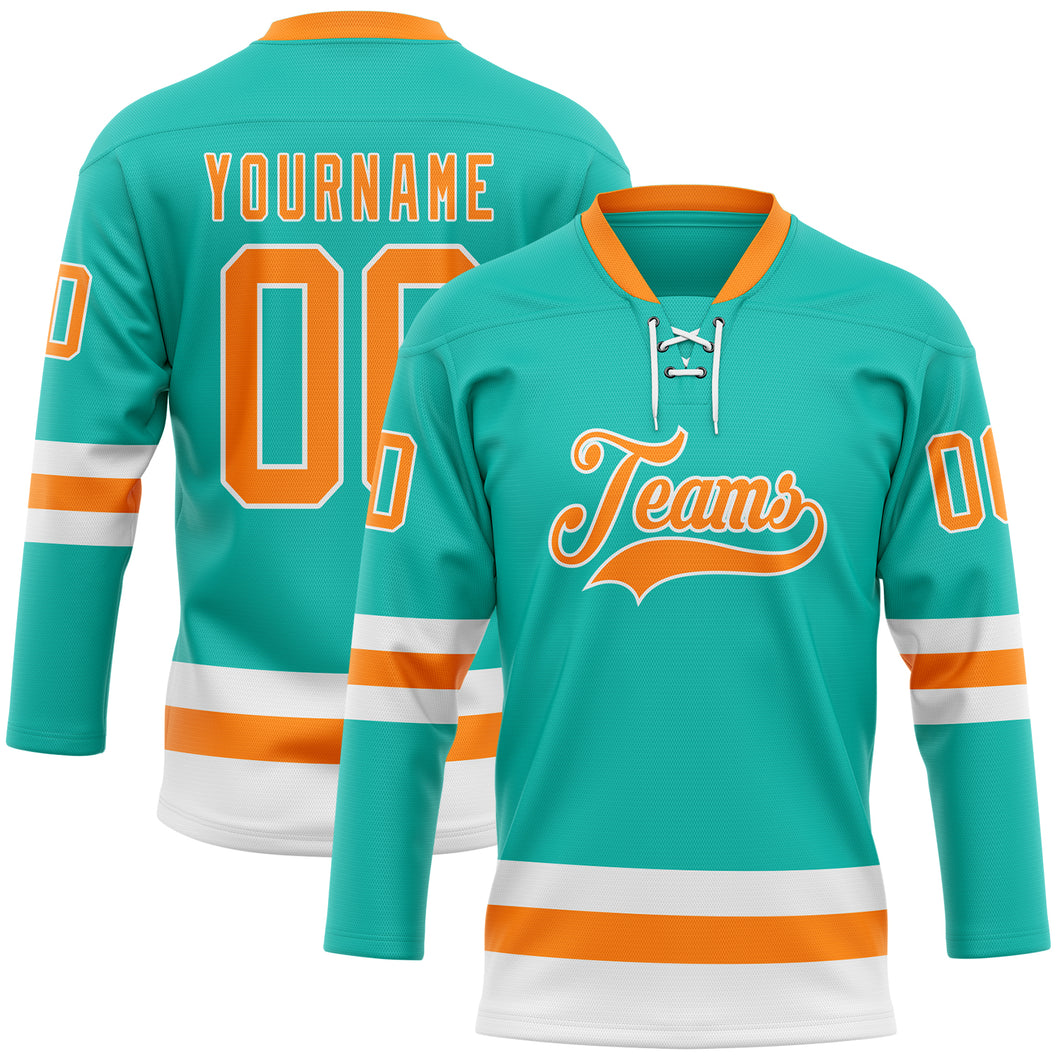 Custom Aqua Bay Orange-White Hockey Lace Neck Jersey