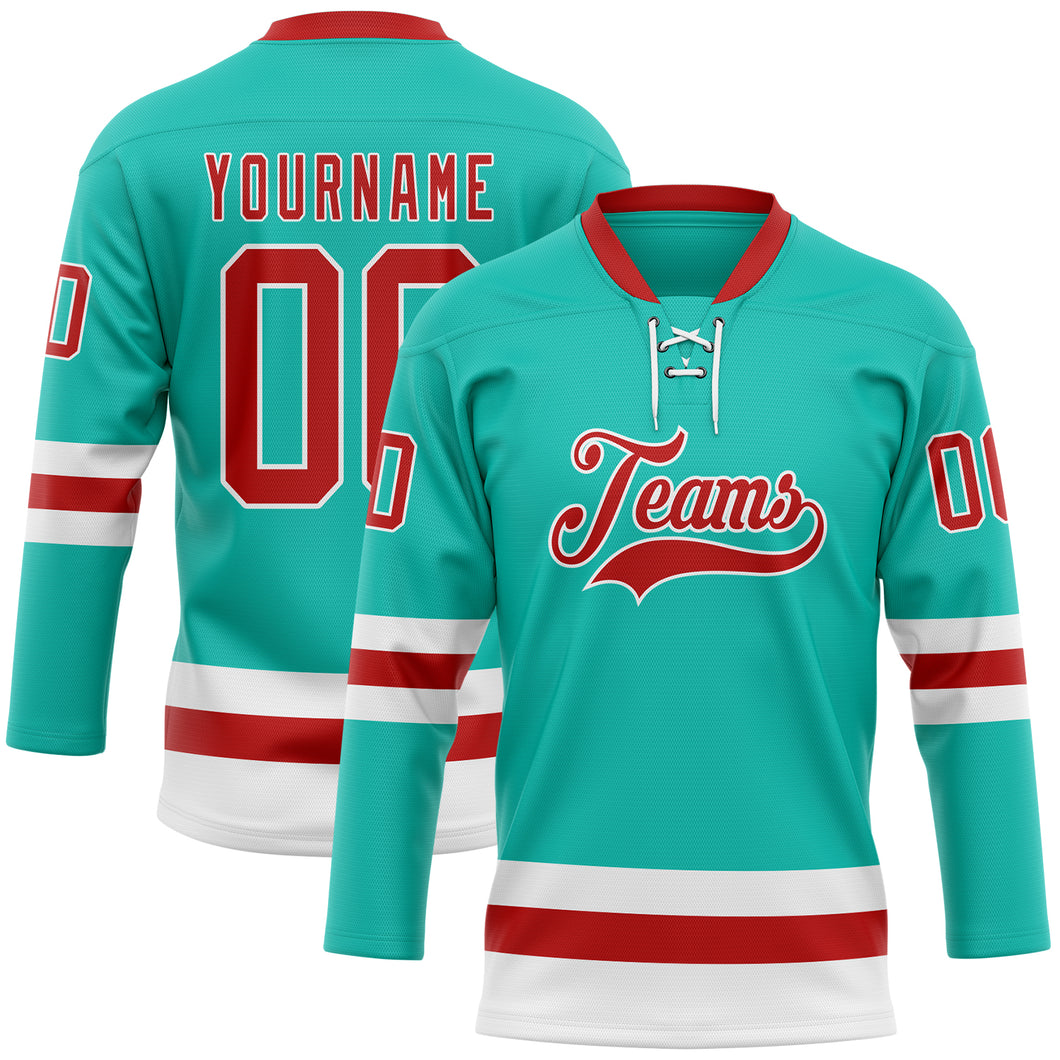 Custom Aqua Red-White Hockey Lace Neck Jersey