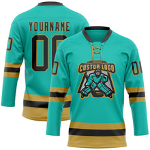 Загрузить изображение в средство просмотра галереи, Custom Aqua Black-Old Gold Hockey Lace Neck Jersey
