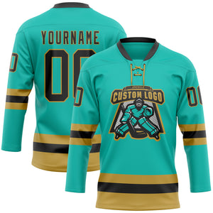 Custom Aqua Black-Old Gold Hockey Lace Neck Jersey