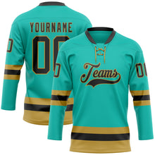 Загрузить изображение в средство просмотра галереи, Custom Aqua Black-Old Gold Hockey Lace Neck Jersey
