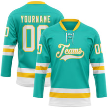 Загрузить изображение в средство просмотра галереи, Custom Aqua White-Yellow Hockey Lace Neck Jersey
