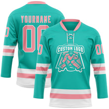 Загрузить изображение в средство просмотра галереи, Custom Aqua Medium Pink-White Hockey Lace Neck Jersey
