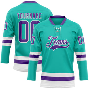 Custom Aqua Purple-White Hockey Lace Neck Jersey