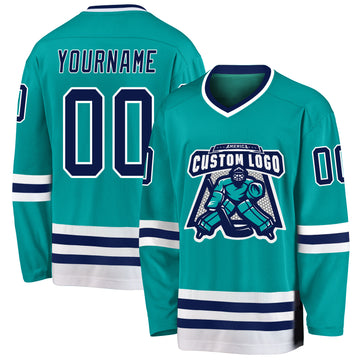 Custom Aqua Navy-White Hockey Jersey