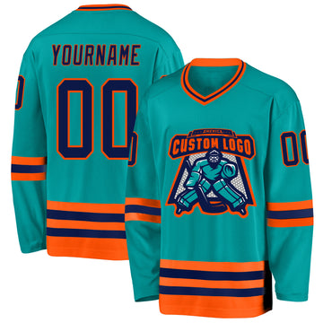 Custom Aqua Navy-Orange Hockey Jersey